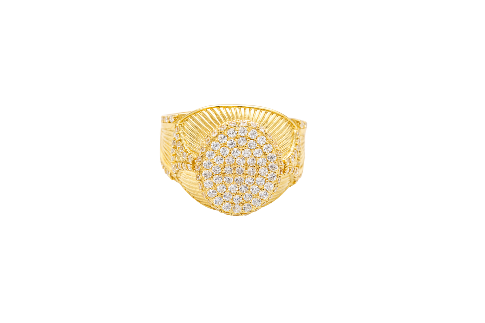 14KT Gold Ring Men's Oval White CZ Stone Raised Platform with White CZ Stone Edge Shank Etched Stripes White CZ Stone Triangle Shape and White CZ Stone Border