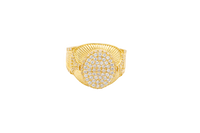 14KT Gold Ring Men's Oval White CZ Stone Raised Platform with White CZ Stone Edge Shank Etched Stripes White CZ Stone Triangle Shape and White CZ Stone Border
