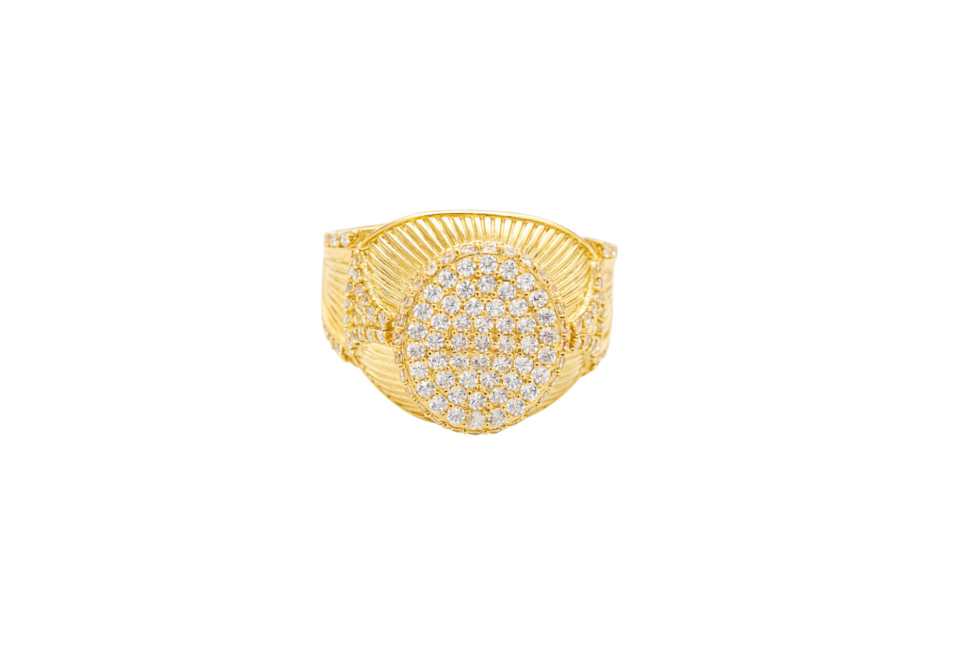 14KT Gold Ring Men's Oval White CZ Stone Raised Platform with White CZ Stone Edge Shank Etched Stripes White CZ Stone Triangle Shape and White CZ Stone Border