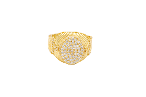14KT Gold Ring Men's Oval White CZ Stone Raised Platform with White CZ Stone Edge Shank Etched Stripes White CZ Stone Triangle Shape and White CZ Stone Border