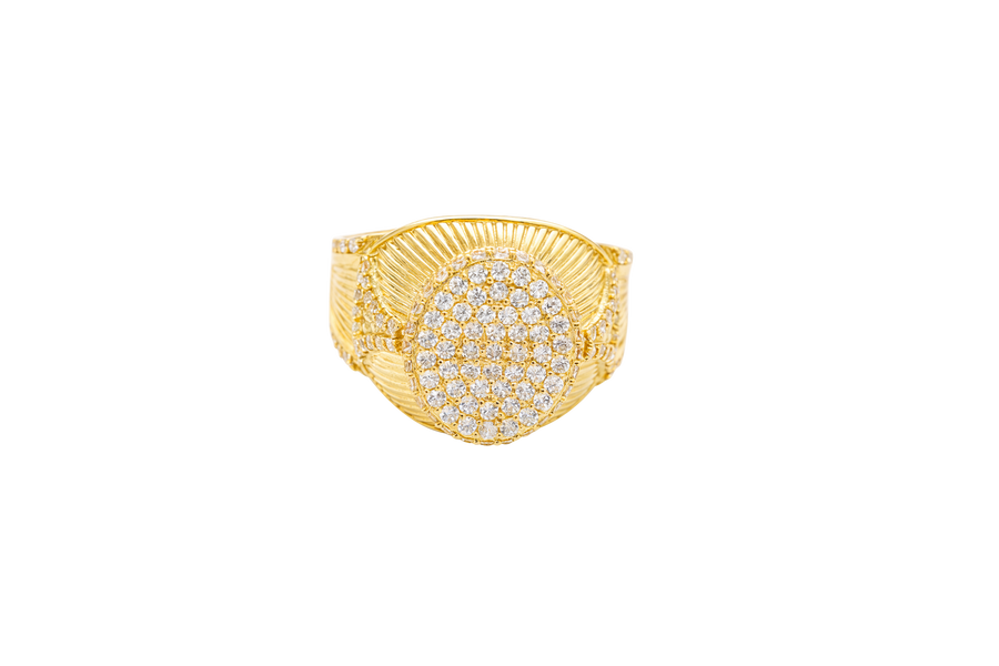 14KT Gold Ring Men's Oval White CZ Stone Raised Platform with White CZ Stone Edge Shank Etched Stripes White CZ Stone Triangle Shape and White CZ Stone Border