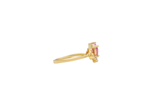 14KT Gold Ring Women's Pink Heart Shape Center CZ Stone Left White Round CZ Stone with Two Plain Hearts and Plain Bypass Band Upper - Rope Lower Band Plain