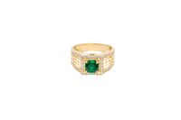 14KT Gold Ring Men's Square Green CZ Round Center Stone White CZ Stone Border Band Design Greek with Single Row White CZ Stones Border Plain Thread on Edge Border