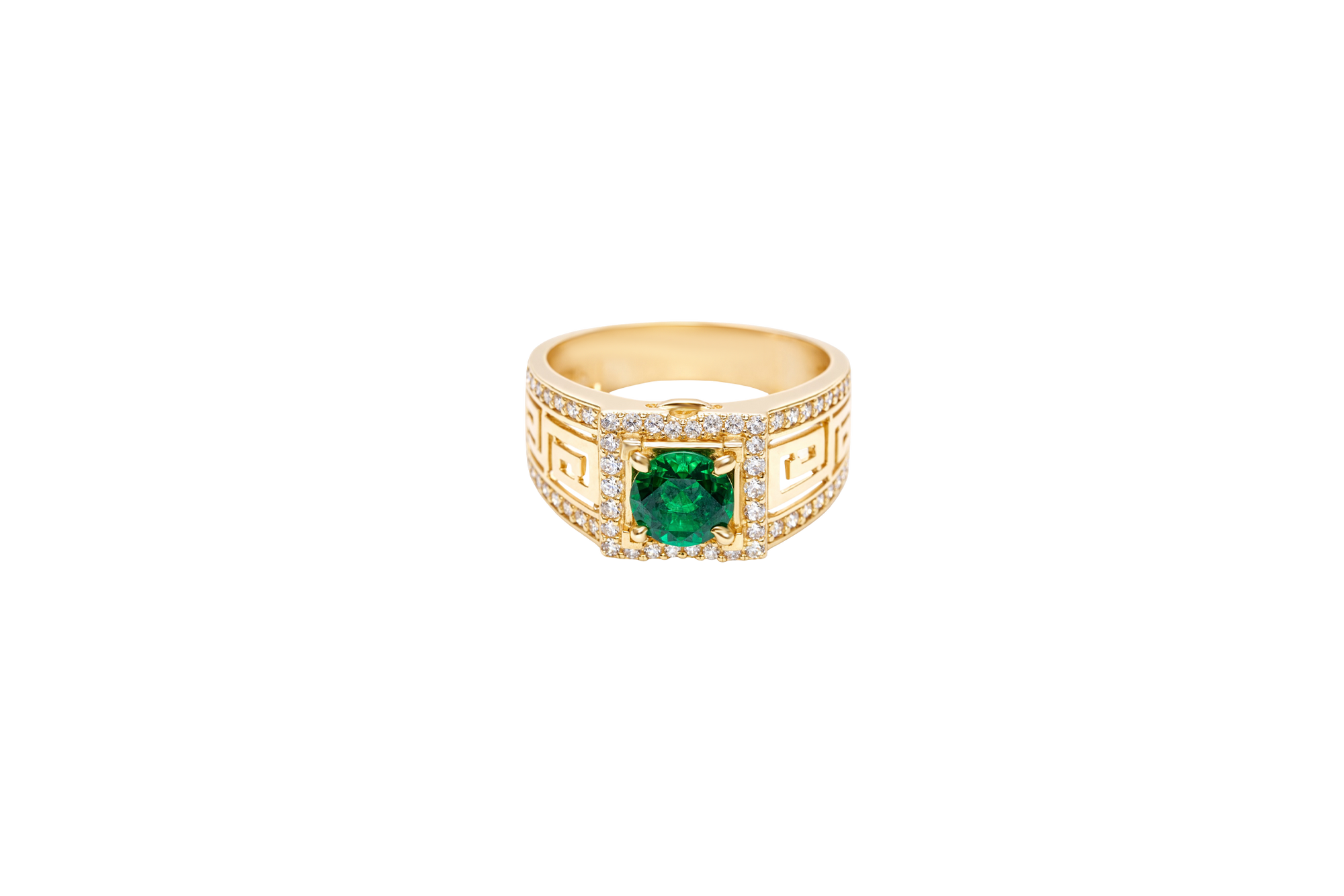 14KT Gold Ring Men's Square Green CZ Round Center Stone White CZ Stone Border Band Design Greek with Single Row White CZ Stones Border Plain Thread on Edge Border
