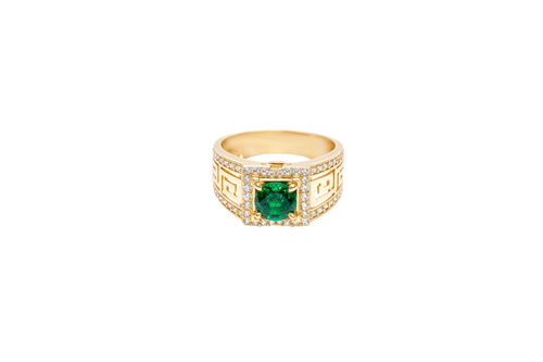 14KT Gold Ring Men's Square Green CZ Round Center Stone White CZ Stone Border Band Design Greek with Single Row White CZ Stones Border Plain Thread on Edge Border