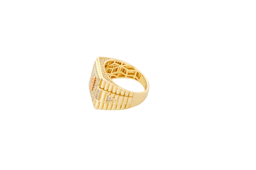 14KT Gold Ring Men's Two Tone Square St. Jude White CZ Stone Border with White CZ Stone Top/Side and Side Band Ridged Watch Design