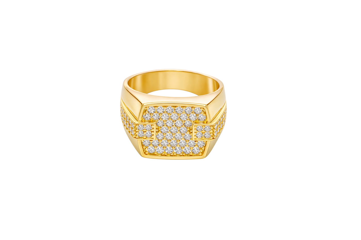 14KT Gold Ring Men's Square White CZ Stones Seven Row Center Square Design Raised 2 x 2 White CZ Stones Left/Right Edge Design with Double Row White CZ Stones Waterfall Side Design Plain Border