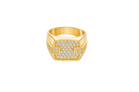 14KT Gold Ring Men's Square White CZ Stones Seven Row Center Square Design Raised 2 x 2 White CZ Stones Left/Right Edge Design with Double Row White CZ Stones Waterfall Side Design Plain Border