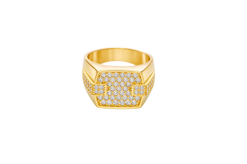 14KT Gold Ring Men's Square White CZ Stones Seven Row Center Square Design Raised 2 x 2 White CZ Stones Left/Right Edge Design with Double Row White CZ Stones Waterfall Side Design Plain Border