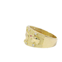 14KT Gold Ring Women's Closed Split Band with Three Pink Eye Elephants White CZ Stones Band Border