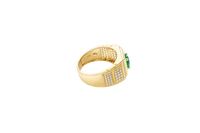 14KT Gold Ring Men's Square Green CZ Round Center Stone Plain Platform Border Band Design Single Row White CZ Stones Stair with Two Five Stone Triple Row White CZ Stones Blocks One Ridge Under Each Box Plain Borders