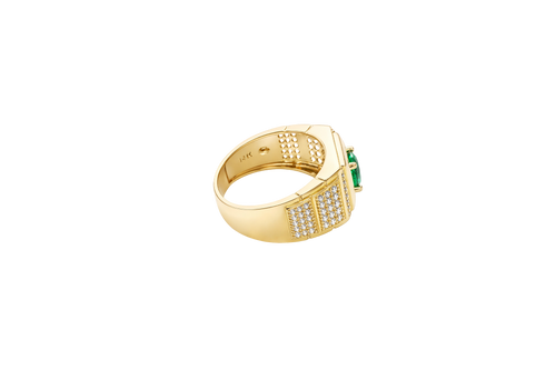 14KT Gold Ring Men's Square Green CZ Round Center Stone Plain Platform Border Band Design Single Row White CZ Stones Stair with Two Five Stone Triple Row White CZ Stones Blocks One Ridge Under Each Box Plain Borders