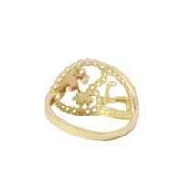 14KT Gold Ring Women's Tri Tone "Lucky Heart" Heart Shape with Open Split White CZ Stones Band "7" Center with Flower