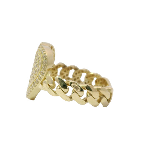 14KT Gold Ring Women's Heart Shape White CZ Stone Center Plain Outline White CZ Stone Border Cuban Link Band
