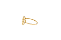 14KT Gold Ring Women's Quinceanera "15" Open Pentagon Flower Center with White CZ Stones Border Next to Smaller Pentagon Flower with Plain Border Dark Pink Center Stone and Plain Band