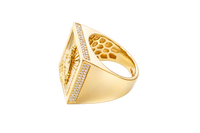 14KT Gold Ring Men's Square Caridad Cobre Plain Border Center with Sunray Background and Double Row White CZ Side Stones Border