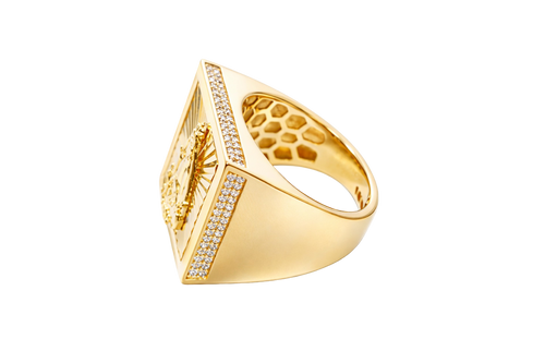 14KT Gold Ring Men's Square Caridad Cobre Plain Border Center with Sunray Background and Double Row White CZ Side Stones Border