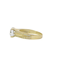 14KT Gold Ring Women's 4 Prong Round Cushion Cut White CZ Stone Solitaire with Double Row of White CZ Stones with Raised Plain Center Line Band