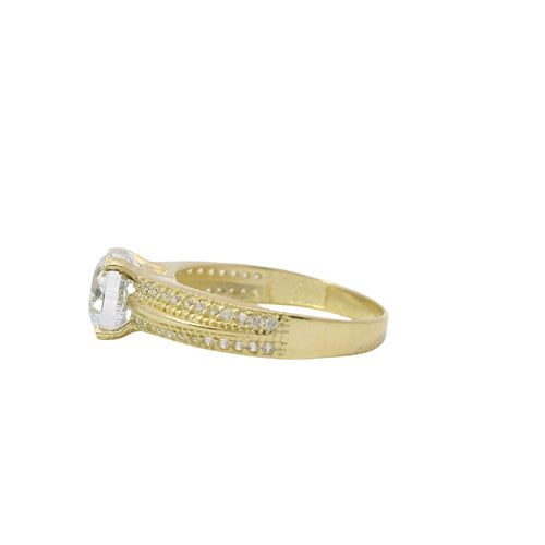 14KT Gold Ring Women's 4 Prong Round Cushion Cut White CZ Stone Solitaire with Double Row of White CZ Stones with Raised Plain Center Line Band