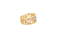 14KT Gold Ring Women's "Good Luck" Tri Tone Open Split Band with Plain Borders Horseshoe Flower CZ Eye Pink Eye Elephant Owl Man