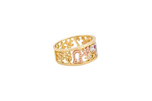 14KT Gold Ring Women's "Good Luck" Tri Tone Open Split Band with Plain Borders Horseshoe Flower CZ Eye Pink Eye Elephant Owl Man