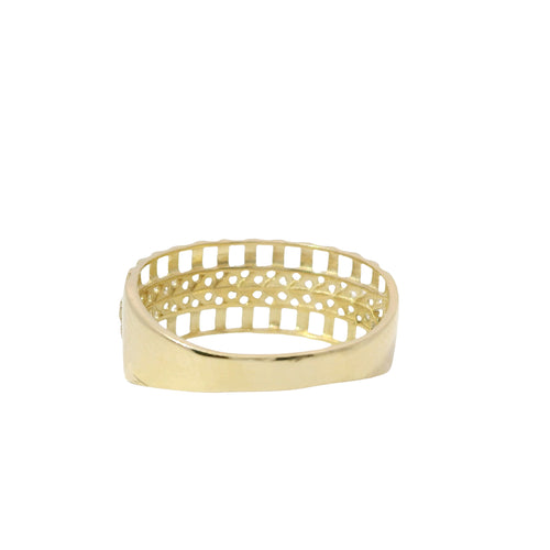 14KT Gold Ring Women's Light Weight Open Stipe Wide Band with White CZ Chain Link on Solid Background Center