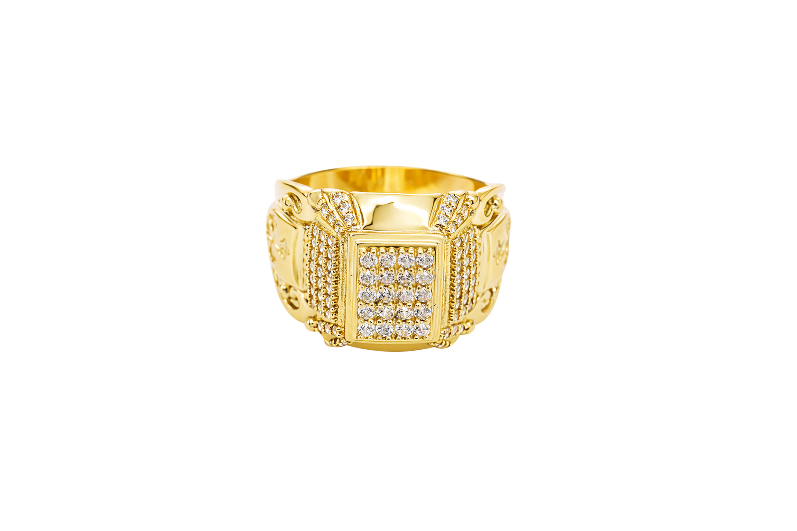 14KT Gold Ring Men's Rectangle Double Platform Five Rows of Four White CZ Stone Cluster Center with Edge Design Triple Row of 7 White CZ Stones Corner Design Six Round White CZ Stones Band Design Chrome Style Cross