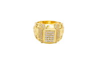 14KT Gold Ring Men's Rectangle Double Platform Five Rows of Four White CZ Stone Cluster Center with Edge Design Triple Row of 7 White CZ Stones Corner Design Six Round White CZ Stones Band Design Chrome Style Cross