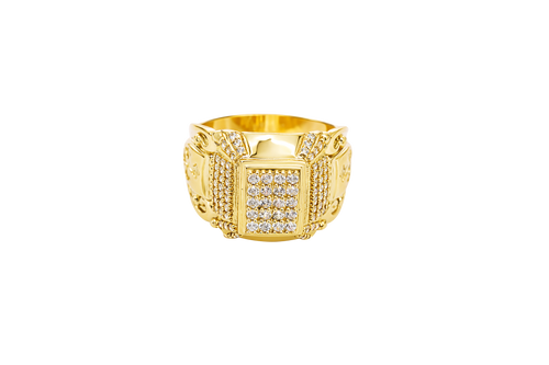 14KT Gold Ring Men's Rectangle Double Platform Five Rows of Four White CZ Stone Cluster Center with Edge Design Triple Row of 7 White CZ Stones Corner Design Six Round White CZ Stones Band Design Chrome Style Cross