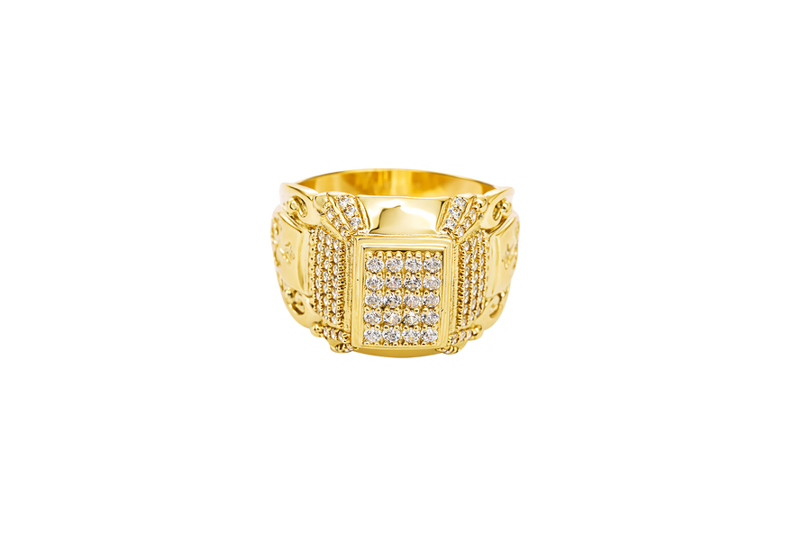 14KT Gold Ring Men's Rectangle Double Platform Five Rows of Four White CZ Stone Cluster Center with Edge Design Triple Row of 7 White CZ Stones Corner Design Six Round White CZ Stones Band Design Chrome Style Cross