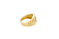14KT Gold Ring Men's Square Two Tone St. Jude Plain Border with White CZ Stones Background Side Design White CZ Stones and Jubilee Band