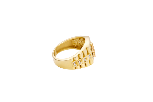 14KT Gold Ring Men's Square Two Tone St. Jude Plain Border with White CZ Stones Background Side Design White CZ Stones and Jubilee Band