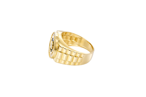 14KT Gold Ring Men's Jumbo Round White CZ Center Stone Plain Border on Onyx Background with White CZ Stones Border Side Design Jubilee