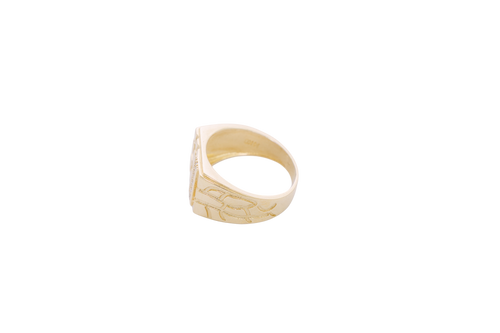 14KT Gold Ring Men's Rectangle Nugget with Five White CZ Stones in a Line with Plain Border