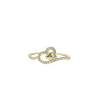 14KT Gold Ring Women's Light Weight Tilted Open White CZ Stones Heart Outline with Plain Heart Center and White CZ Stones Band