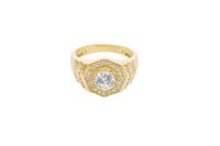 14KT Gold Ring Men's Octagon White Round CZ Center Stone White CZ Stone Border Side Design Two Single Rows of Six White CZ Stones