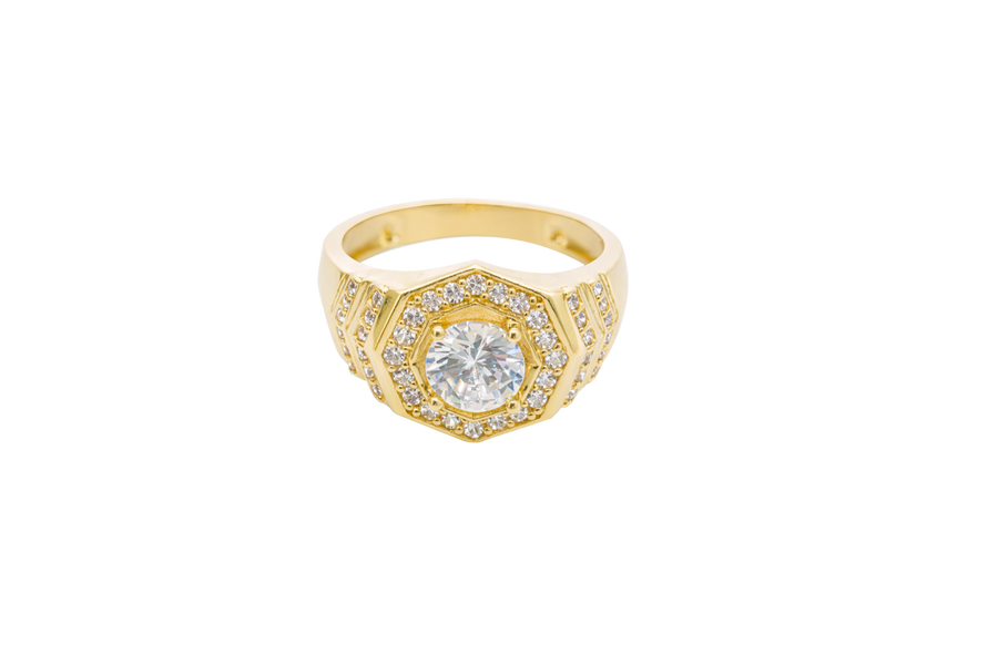 14KT Gold Ring Men's Octagon White Round CZ Center Stone White CZ Stone Border Side Design Two Single Rows of Six White CZ Stones