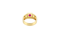 14KT Gold Ring Men's Square Red Round CZ Center Stone White CZ Stone Border Side Design White CZ Stones with Mariner Link