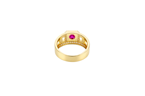 14KT Gold Ring Men's Square Red Round CZ Center Stone White CZ Stone Border Side Design White CZ Stones with Mariner Link