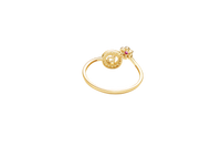 14KT Gold Ring Women's "15" Round Quinceanera White CZ Stones Border and Corner Six Petal White CZ Stones Flower with Dark Pink Center Plain Band