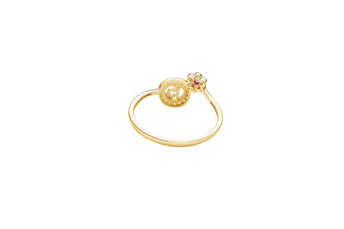 14KT Gold Ring Women's "15" Round Quinceanera White CZ Stones Border and Corner Six Petal White CZ Stones Flower with Dark Pink Center Plain Band