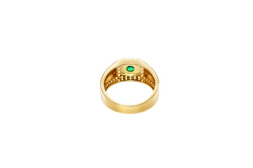 14KT Gold Ring Men's Square Green CZ Round Center Stone White CZ Stone Border Band Design Braid with Single Row White CZ Stones Border