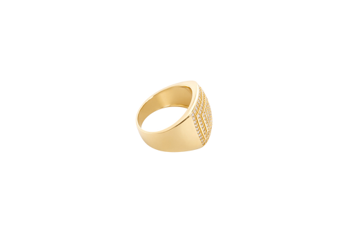 14KT Gold Ring Men's Flat Curved Rectangle White CZ Stones Five Rows of Seven Center with White CZ Stones Double Border and Plain Band