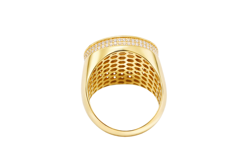 14KT Gold Ring Men's Round Caridad Cobre Greek Border Double Row White CZ Stones Outside Border Plain Band