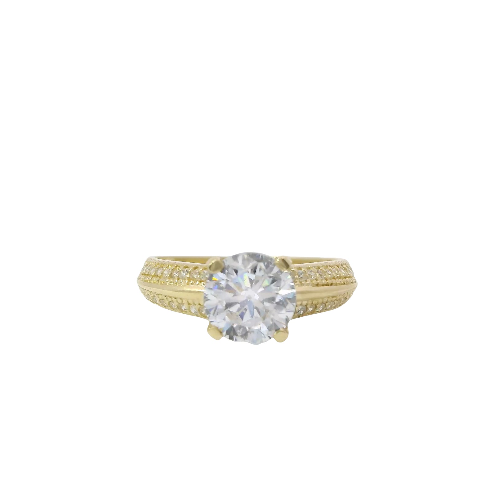 14KT Gold Ring Women's 4 Prong Round Cushion Cut White CZ Stone Solitaire with Double Row of White CZ Stones with Raised Plain Center Line Band