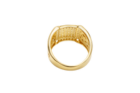 14KT Gold Ring Men's Square White Round CZ Stones Raised Center Square Plain Border Second Border White CZ Stone Border Corner Design Four Slightly Larger White CZ Stones Side Design Nugget Print / Plain Side Design Border