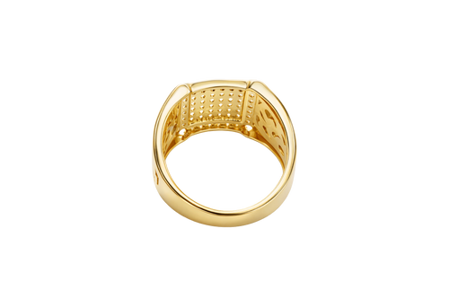 14KT Gold Ring Men's Square White Round CZ Stones Raised Center Square Plain Border Second Border White CZ Stone Border Corner Design Four Slightly Larger White CZ Stones Side Design Nugget Print / Plain Side Design Border