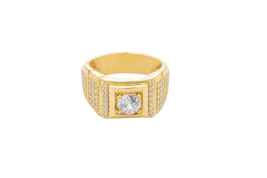 14KT Gold Ring Men's Round White CZ Stone Center with Plain Square Border and Single Row of Seven White CZ Stone Center Side Border Side Design Two Smaller Plain Square Border Two Triple Rows of Five White CZ Stones