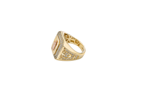 14KT Gold Ring Men's Octagon Rectangle Two Tone Standing St. Jude Center with Sunray Background Double Row White CZ Stone Border with White CZ Side Stones