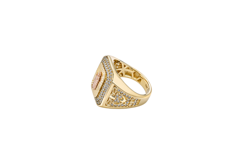 14KT Gold Ring Men's Octagon Rectangle Two Tone Standing St. Jude Center with Sunray Background Double Row White CZ Stone Border with White CZ Side Stones